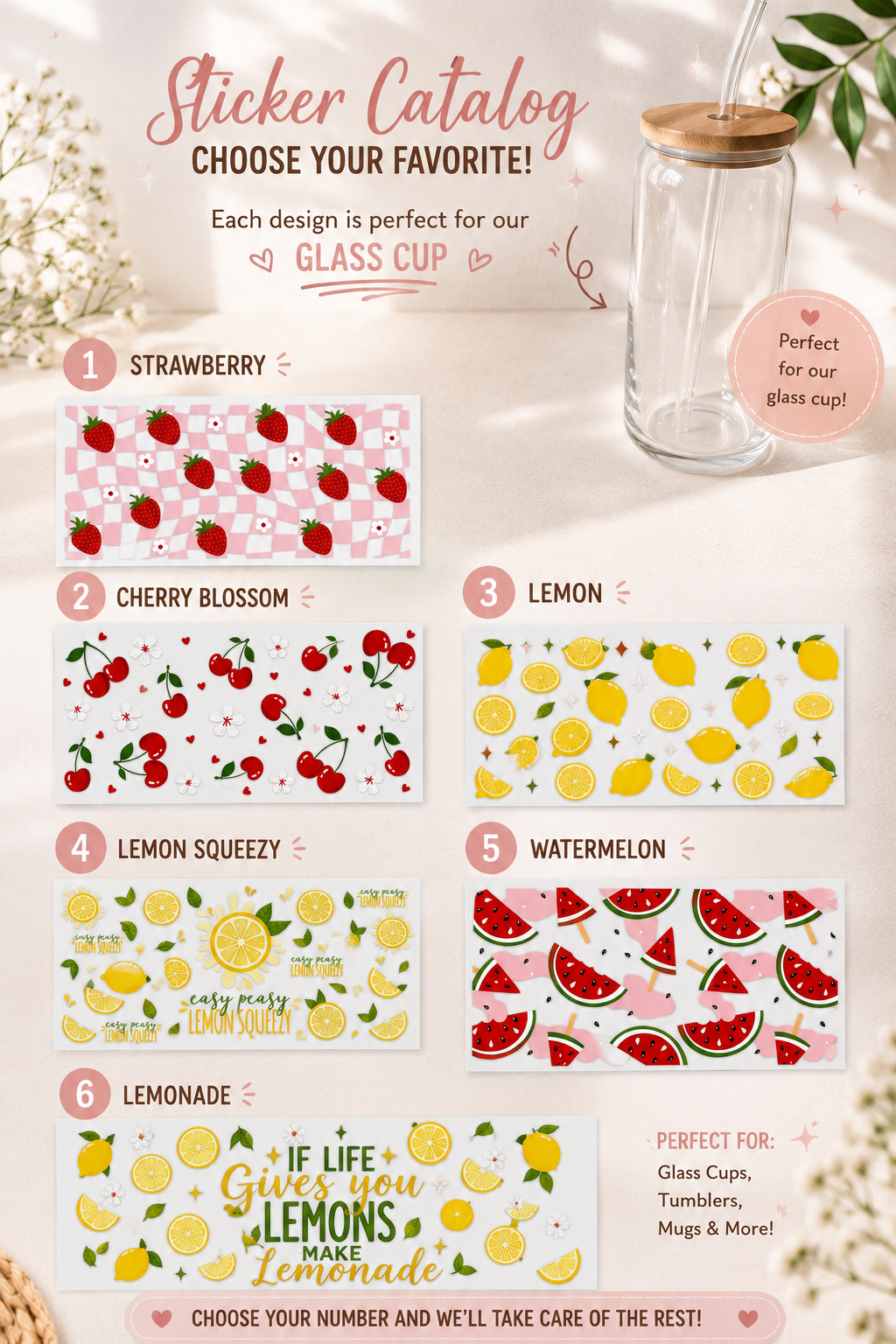 Custom Glass Cup with Fruit Sticker Design